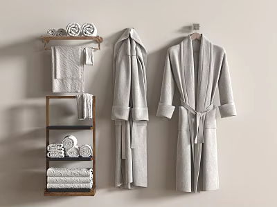 Folded and Rolled Towels on Display Shelf with Hanging Bathrobes 3d model