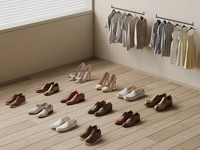 Various Shoes Including Heels and Flats on Wooden Floor with Hanging Clothes in Corner 3d model