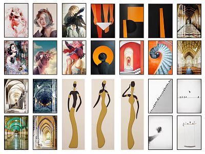 Diverse Artworks Collection Featuring Portraits Abstract Designs And Architectural 3d model