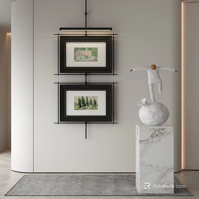 Two Framed Paintings On Wall With White Sculpture On Marble Pedestal 3d model 