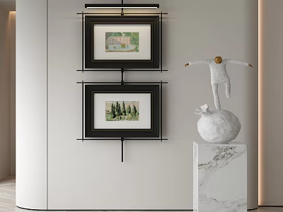Two Framed Paintings On Wall With White Sculpture On Marble Pedestal 3d model