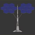 Modern Space Rocket With Blue Hexagonal Solar Panels And Silver Metallic Structure