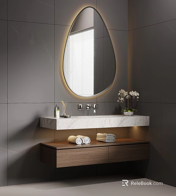 Modern Bathroom Vanity With Round Mirror Marble Countertop Wooden Cabinet And Towel Storage 3d model 