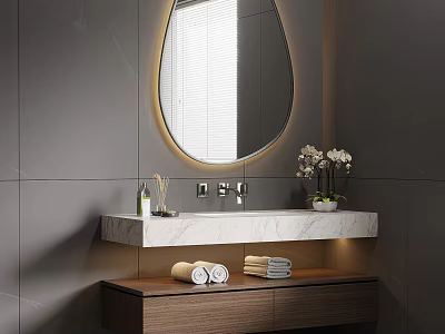 Modern Bathroom Vanity With Round Mirror Marble Countertop Wooden Cabinet And Towel Storage 3d model