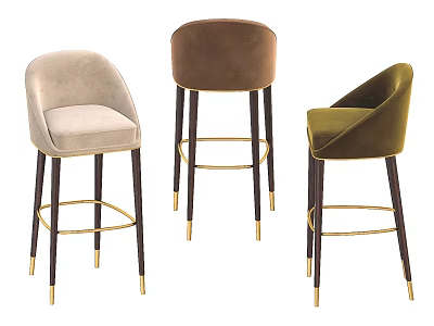 Modern Velvet Bar Stools In Three Colors With Gold Accent Wooden Legs 3d model