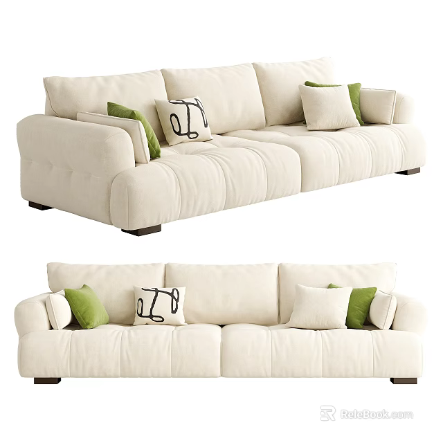 Modern Beige Two Seater Sofa With Cozy Stitched Design And Green White Pillows 3d model 