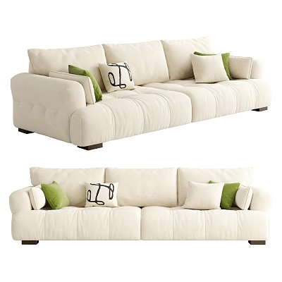 Modern Beige Two Seater Sofa With Cozy Stitched Design And Green White Pillows 3d model