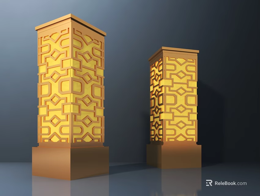 Traditional Column Outdoor Lights With Golden Yellow Illuminated Geometric Patterns And Square Base 3d model 