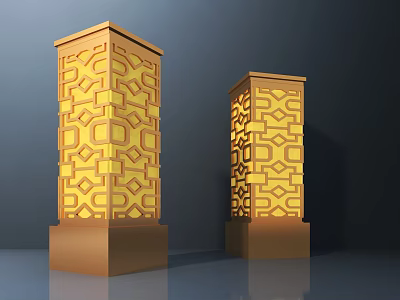 Traditional Column Outdoor Lights With Golden Yellow Illuminated Geometric Patterns And Square Base 3d model