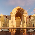Grand Symmetrical European Building With Arched Entrance Red Roof Waterfront Square