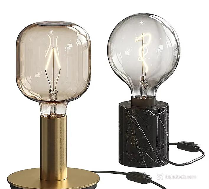 Modern Table Lamps with Gold Metal and Black Marble Bases and Transparent Glass Bulbs 3d model 