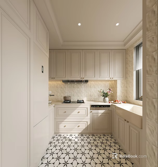 Modern White Kitchen With Tiled Wall Cabinets Island Window And Ceiling Lights 3d model 