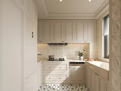 Modern White Kitchen With Tiled Wall Cabinets Island Window And Ceiling Lights 3d model