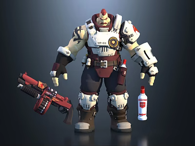 Game Movie Armored Warrior in White and Red Mechanical Armor Holding Red Gun and Bottle 3d model