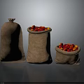 Fresh Red Berries Stored in Three Burlap Sacks on Dark Surface 3d model