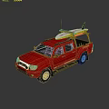 Red Lifeguard Pickup Truck With Surfboard And Roof Rack
