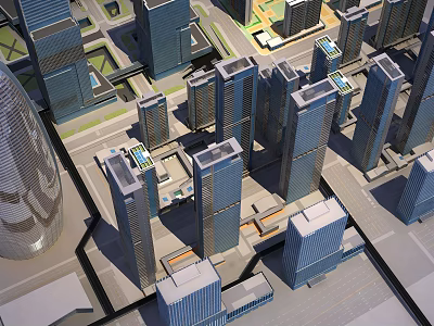 Modern High Rise Office Buildings In Urban Cityscape With Glass Facades 3d model