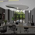 Modern Service Hall Interior With Laptops Black Office Chairs Green Plants And Large Windows