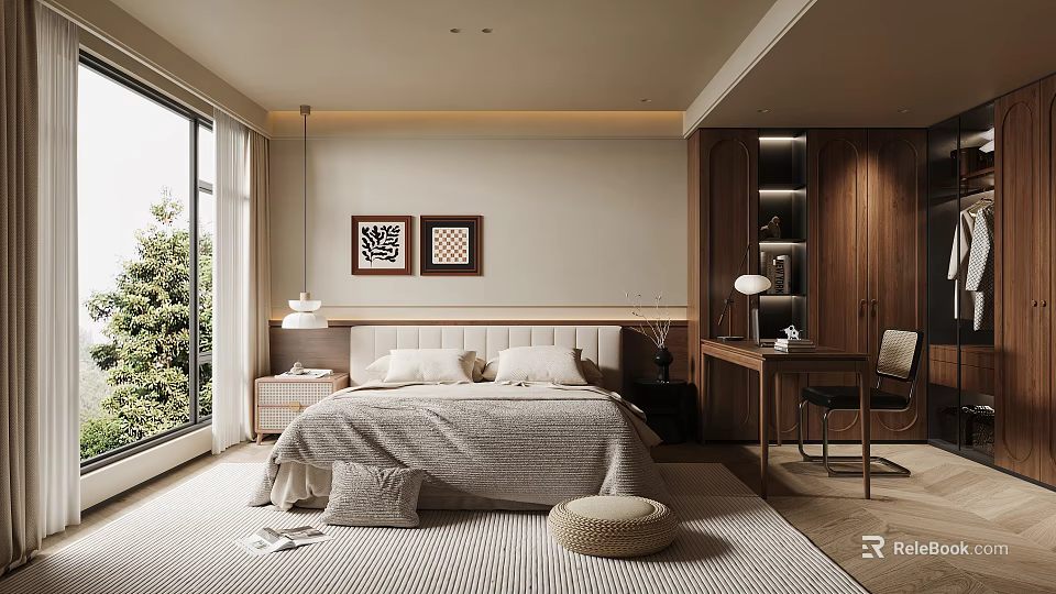 Modern Bedroom Interior With Large Window Wooden Furniture Gray Bedding And Decorative Paintings 3d model 