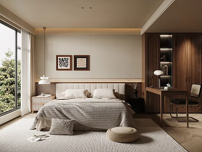 Modern Bedroom Interior With Large Window Wooden Furniture Gray Bedding And Decorative Paintings 3d model