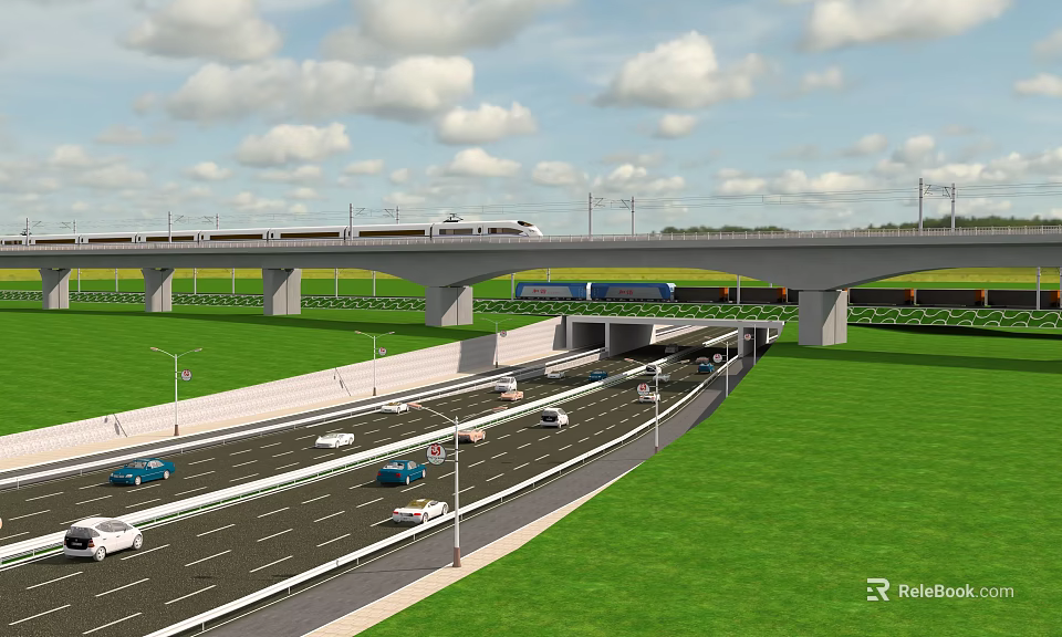 Highway Overpass Structure With Train And Moving Vehicles On Green Grassland 3d model 