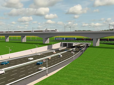 Highway Overpass Structure With Train And Moving Vehicles On Green Grassland 3d model