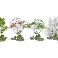 Garden Ornaments With Colorful Trees And Decorative Stone Elements
