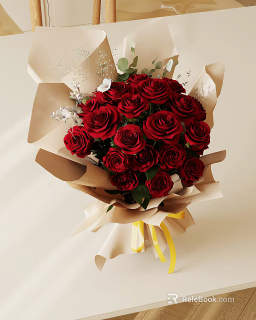 Beautiful Red Roses Bouquet Wrapped In Brown Paper With Yellow Ribbon 3d model 