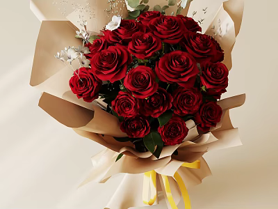 Beautiful Red Roses Bouquet Wrapped In Brown Paper With Yellow Ribbon 3d model