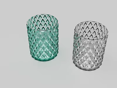 Two Decorative Green and Clear Glass Cups with Diamond Pattern Design 3d model