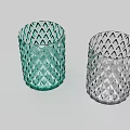 Two Decorative Green and Clear Glass Cups with Diamond Pattern Design