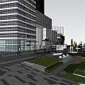Modern Commercial Street With Tall Buildings Green Spaces And Urban Roads