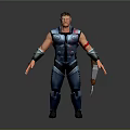 3D Muscular Male Character In Blue Armor With Red Armband Holding Weapon Standing Pose