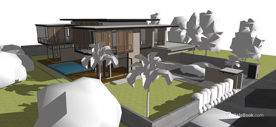 Modern Detached Villa With Swimming Pool Palm Trees And Green Lawn 3d model 