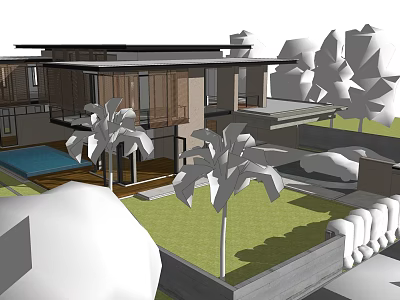 Modern Detached Villa With Swimming Pool Palm Trees And Green Lawn 3d model