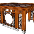 Traditional Chinese Wooden Architectural Structure with Carved Windows and Round Lattice Design