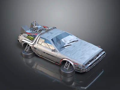 Low Poly Silver Sci Fi Car Model With Gull Wing Doors And Retro Futuristic Design 3d model