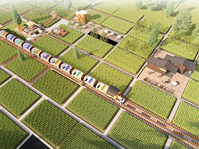 Rural Landscape With Neat Farmlands Train Tracks Colorful Train Carriages Farmhouses And Trees 3d model
