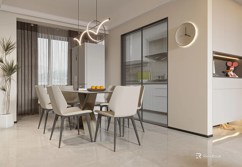 Modern Restaurant Open Concept Interior With Dining Table Chairs Pendant Lights And Wall Clock 3d model