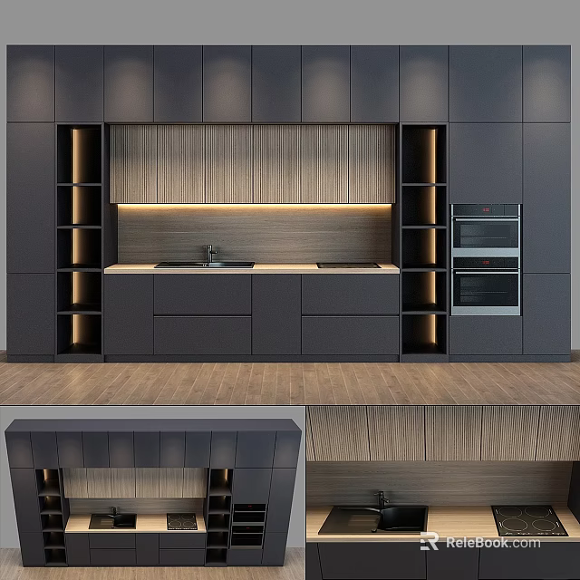 Modern Kitchen Interior With Dark Cabinets Wooden Backsplash Lighting And Oven 3d model 