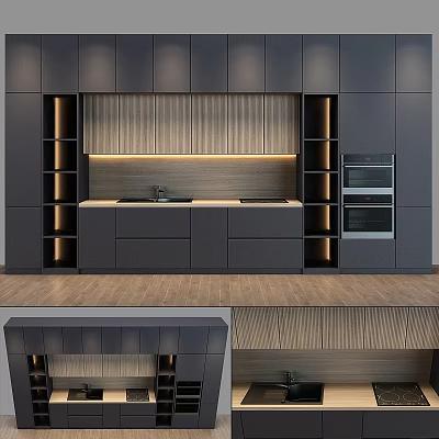 Modern Kitchen Interior With Dark Cabinets Wooden Backsplash Lighting And Oven 3d model