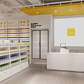 Bright Retail Store Interior With Yellow Signage Pillars And White Shelves Layout