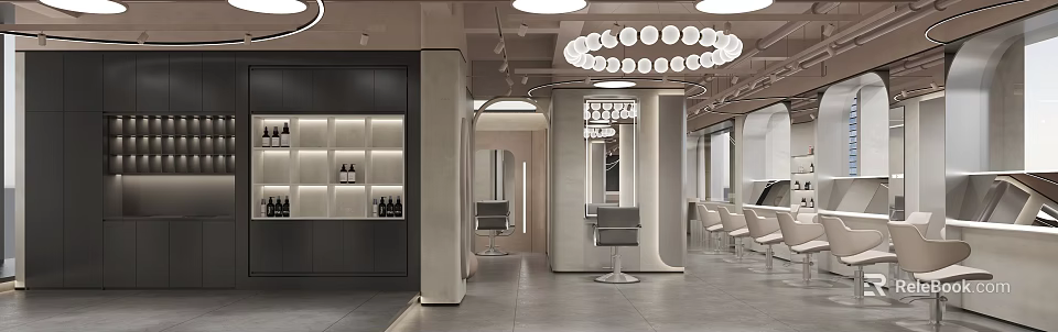 Modern Beauty Hair Salon Interior Design with Styling Chairs and Elegant Lighting 3d model 