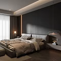 Modern Bedroom Interior With Neutral Tones Large Bed Dark Accent Wall Floor-to-Ceiling Curtains Nightstand Lamp
