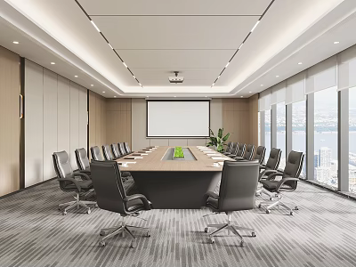 Modern Conference Room Interior With Long Table Black Chairs And City View Through Large Windows 3d model