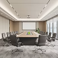 Modern Conference Room Interior With Long Table Black Chairs And City View Through Large Windows