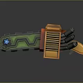 Futuristic Industrial Tool With Orange Green Design Serrated Blade And Blue Glowing Elements