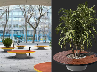 Outdoor Garden Decor Featuring Round Wooden Planter Green Palm Plant Pebble Accent And Gray Base 3d model