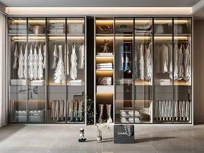 Modern Wardrobe Interior With Glass Doors Hanging Clothes And Layered Storage Design 3d model