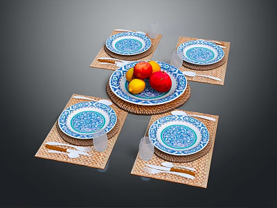 Elegant Dinnerware Set With Blue White Patterned Plates Woven Placemats Knives Forks And Fruits 3d model
